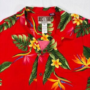 Kalaheo Mens Hawaiian Shirt XL Red Bird of Paradise Plumeria Floral Style